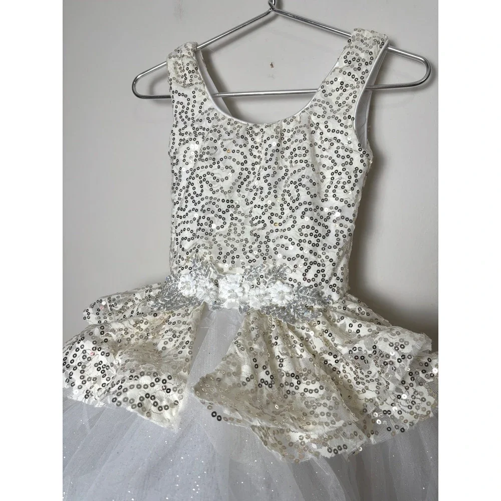 Weissman Kids Dance Costume Dress L White Gold Sequin Ballet Tutu Fairy Princess